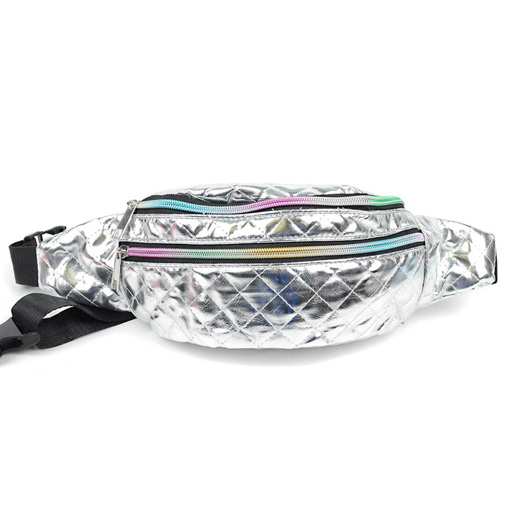Quilted Metallic Silver Fanny Pack Belt Bag Sling Bag with Iridescent Zippers